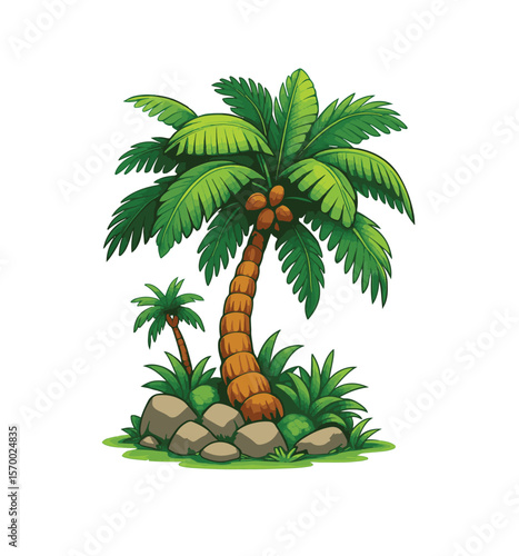 Vibrant green nature scene with coconut tree and tropical fruit elements