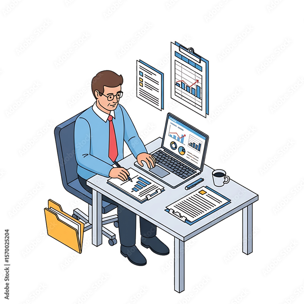 Office worker multitasking at desk with charts. Office worker multitasking at desk with charts.