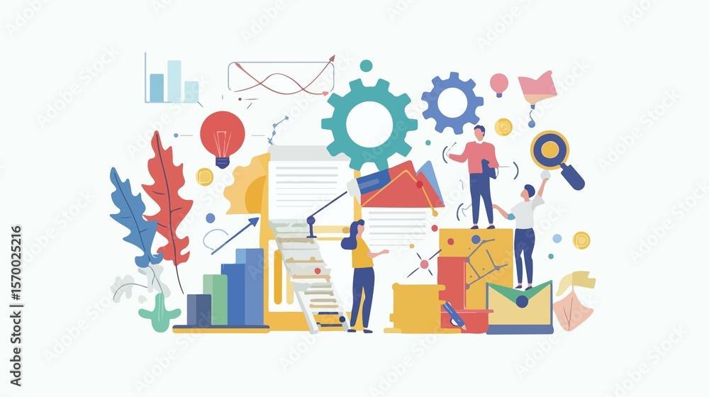 Obraz premium Business people working on data analysis and strategy together, shown with charts, gear, idea lightbulb and magnifier.