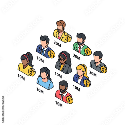Diverse network of users with monetary value tags.
