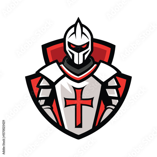 Fierce templar knight mascot with cross shield heroic look Vector illustration