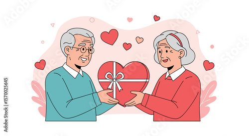 Elderly couple sharing a heart shaped gift box on a romantic occasion celebrating love and affection together