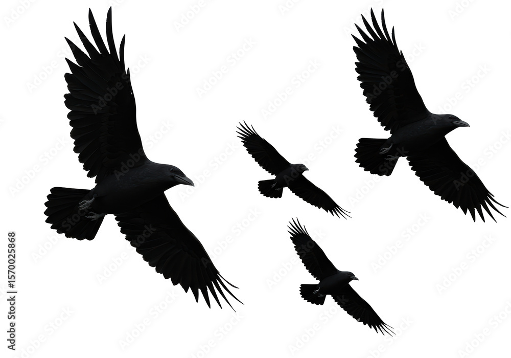 Fototapeta premium Isolated Group of Ravens Flying in Formation