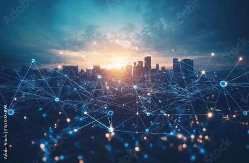 Futuristic Cityscape with Network Connections and Skyline at Sunset