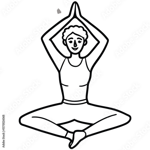 Yoga Pose Illustration: A serene individual practices yoga in a lotus pose, hands pressed in prayer, in this minimalist line art illustration that embodies peace and mindfulness.