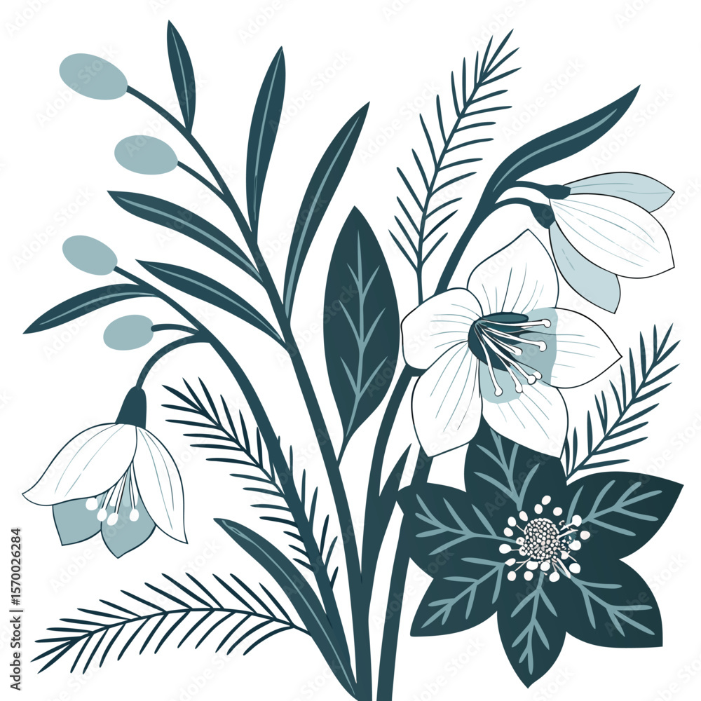 Elegant vector floral design with winter blooms like hellebores snowdrops and pine branches cool tones of icy blue white and silver with touches of deep green soft shadows and clean outlines Elegant vector floral design with winter blooms like hellebores snowdrops and pine branches cool tones of icy blue white and silver with touches of deep green soft shadows and clean outlines