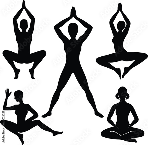 Embracing Serenity Through Yoga: A collection of silhouette gracefully illustrate diverse yoga poses, radiating the harmony of movement and inner peace.