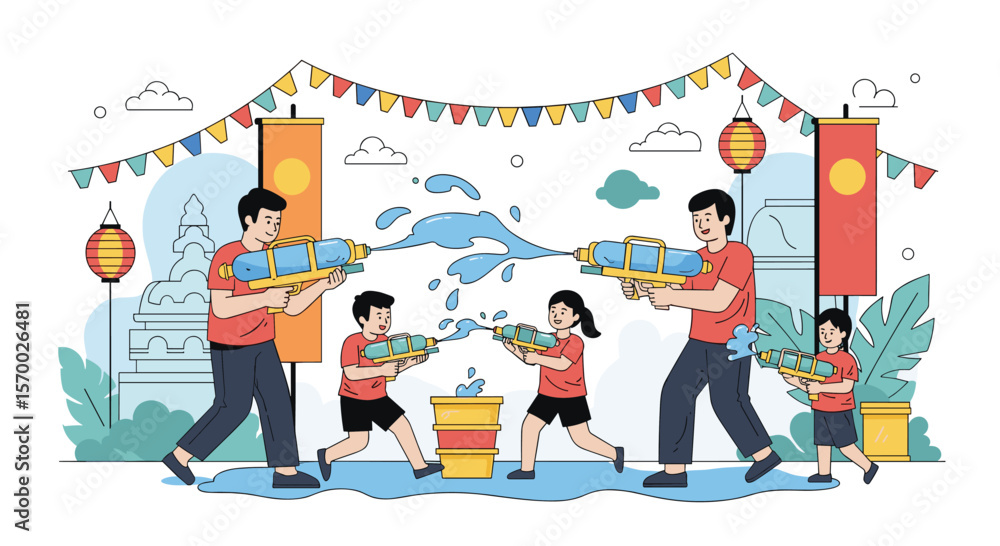 Obraz premium Joyful family celebration engaging in a lively water gun fight outdoors filled with happiness and laughter