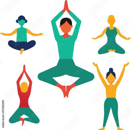 Yoga Harmony: A harmonious graphic arrangement of individuals in diverse yoga poses, embodying peace and inner balance amidst a colorful, minimalist aesthetic. 