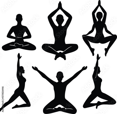 Zen Silhouette: A visual symphony of serene yoga poses, artfully captured in monochromatic silhouettes, reflecting mindfulness and tranquility. 