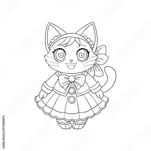 Adorable Kawaii Cat Girl Coloring Page Cute Anime Cat Illustration