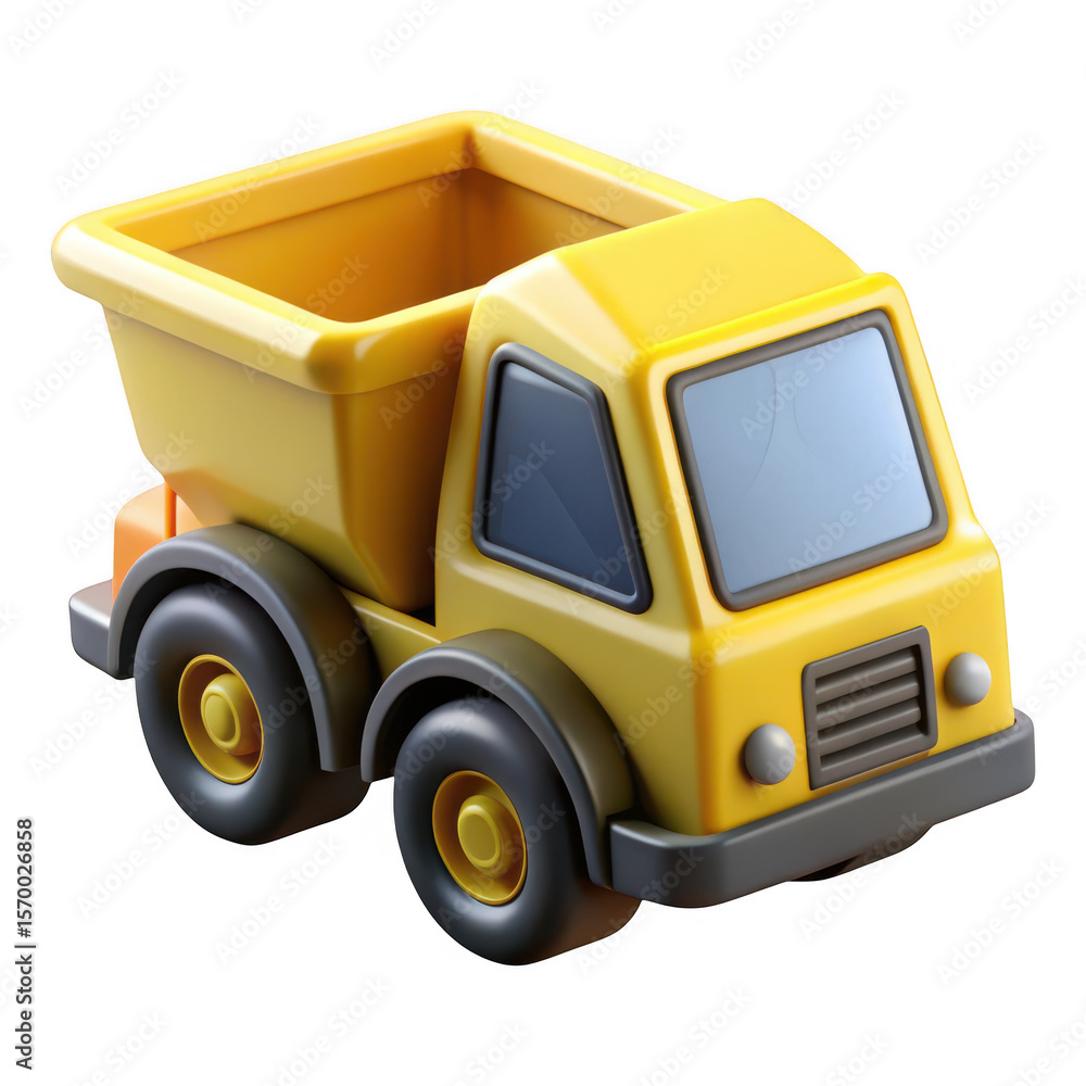 Naklejka premium Bright yellow toy dump truck with a detailed design isolated on transparent background