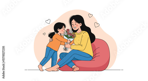 A loving child presents a beautiful bouquet of flowers to their mother sitting on a soft beanbag chair