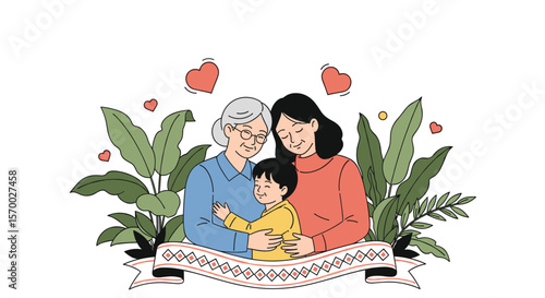 A warm family portrait showing three generations embracing each other with love and affection surrounded by lush greenery