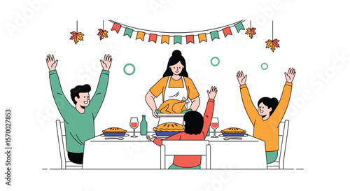 A happy family enjoys a delicious thanksgiving dinner together with festive decorations and warm celebrations