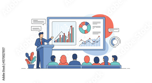 Successful business presentation demonstrating growth charts and financial data analysis to an engaged audience during a corporate meeting