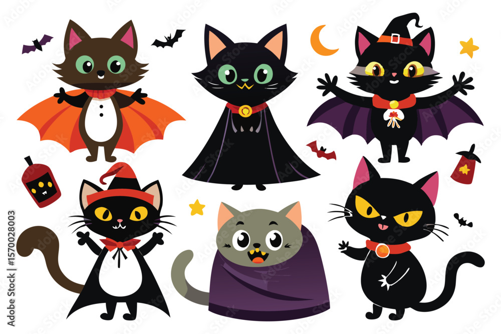 Fototapeta premium Playful black halloween cats with costumes and bats black cats