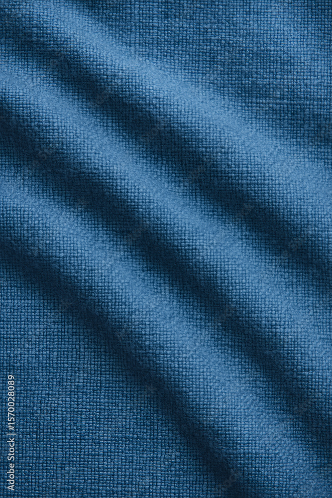 Textured fabric with subtle, diagonal folds exhibiting a soft, almost velvety appearance in a medium shade of blue, providing a tactile feel. Textured fabric with subtle, diagonal folds exhibiting a soft, almost velvety appearance in a medium shade of blue, providing a tactile feel.