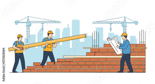 Construction workers collaborating on a building project with bricks and cranes in the background cityscape