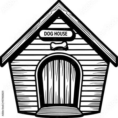 A charming black and white illustration depicting a cozy dog house with a bone detail and a friendly welcome for pets.