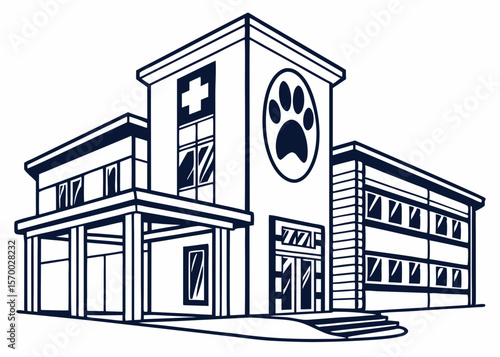 A clean and detailed vector illustration of a modern veterinary clinic building with paw print symbol on white background.