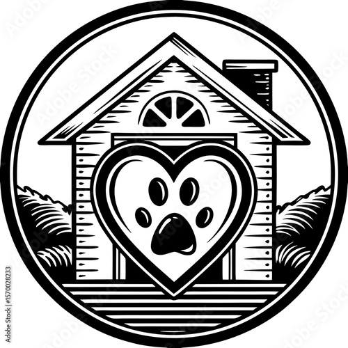 A paw print heart inside a house a symbol of loving pet home shelter and caring for dogs cats and pets in a round emblem
