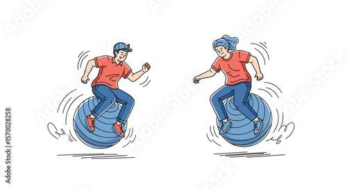 Two cartoon characters are enthusiastically riding on unicycles in opposite directions with exaggerated motion lines indicating activity and speed