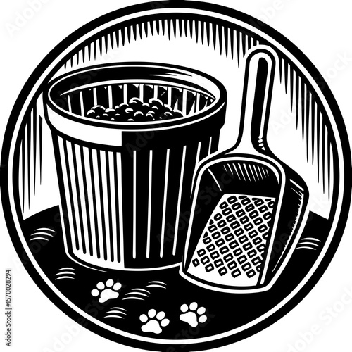 Black and white illustration of cat litter box with scoop and paw prints inside a circular decorative frame.