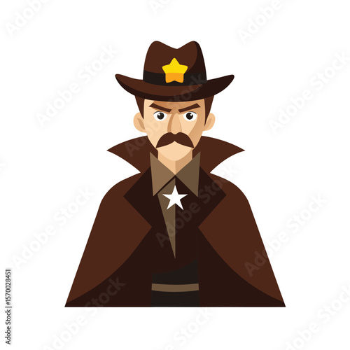 Evil sheriff in trench coat with badge and fierce eyes Vector illustration
