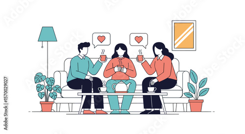 Three friends enjoying a cozy afternoon together sharing warm beverages and conversation in a comfortable living room setting with plants and artwork creating a welcoming atmosphere