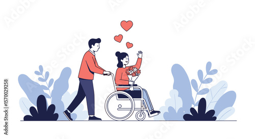 A man pushing a woman in a wheelchair surrounded by plants and hearts symbolizing love and care