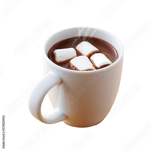Steaming hot chocolate in a white mug with marshmallows isolated on transparent background