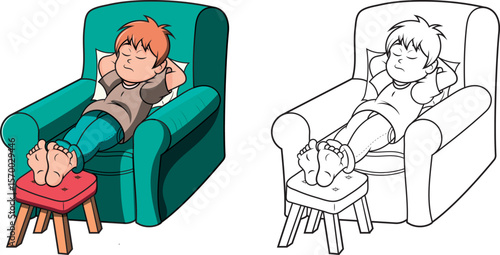 Joven durmiendo cómodamente en el sillon, ilustracion a color y en blanco y negro.