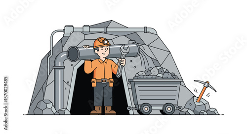 Miner in a helmet carrying a pipe enters a mine entrance carrying his tools with a cart full of rocks nearby
