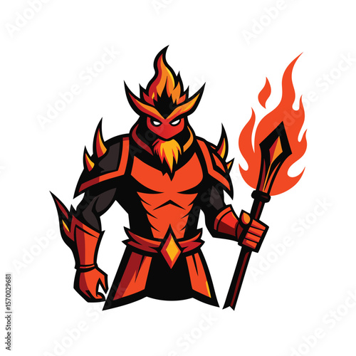 Molten blade warrior mascot with fiery armor flames Vector illustration