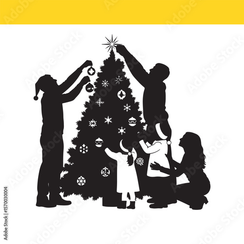 Family Decorating Christmas Tree Festive Silhouette Illustration