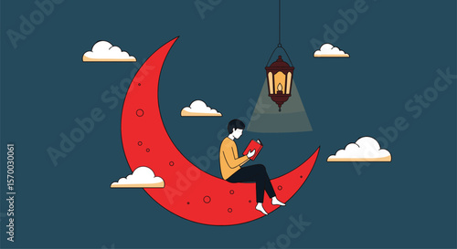 A person reading a book while sitting on a crescent moon under a lantern with clouds in the night sky