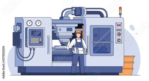 Modern manufacturing facility operator standing beside advanced cnc machining equipment in a production environment