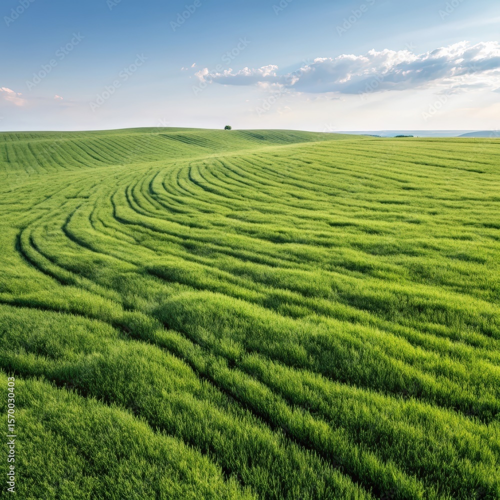 Expansive green field with lush grass displaying natural wave patterns under a bright sky Expansive green field with lush grass displaying natural wave patterns under a bright sky