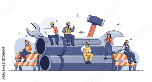 Diverse construction workers in hard hats gathered around large industrial pipes and tools symbolizing teamwork and heavy industry projects
