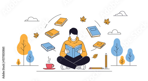 A person deeply engaged in reading a book while sitting outdoors surrounded by trees and flying books illustrating the joy of literature and learning