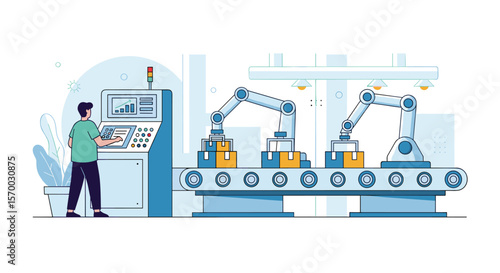Automated manufacturing production line with robotic arms assembling products and worker monitoring the process
