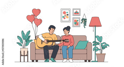 A couple enjoying a romantic evening together playing guitar and listening to music in their cozy living room