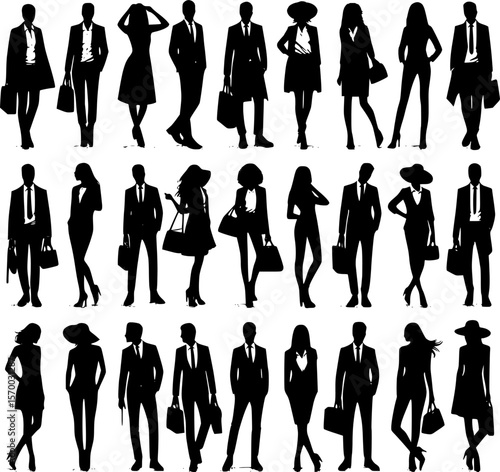 Silhouettes of shoppers. Vector silhouettes men and women, illustration. Silhouettes of young people posing in fashionable clothes. EPS 10 version.
