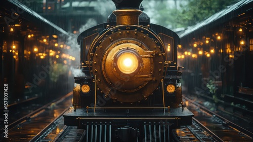 Dramatic close-up of locomotive front with powerful headlights and detailed metal design