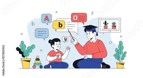 Engaging teacher instructing young student with visual aids and educational symbols for effective learning experience