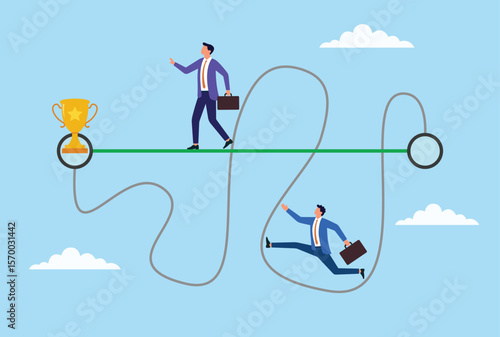 Vector illustration of two businessmen aiming for success, one takes a straight, direct path while the other navigates a winding, challenging road, symbolizing different journeys to achievement
