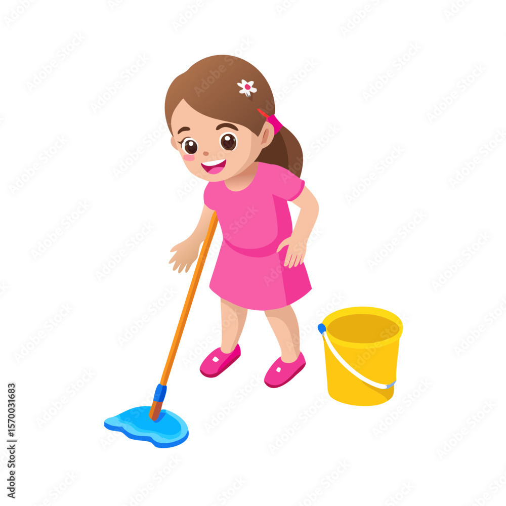 Happy Little Girl Mopping Floor Cleaning Illustration Happy Little Girl Mopping Floor Cleaning Illustration