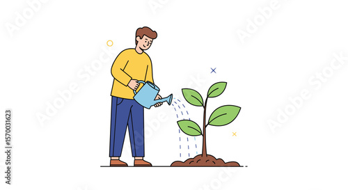 Illustrative depiction of a young man nurturing a newly planted seedling in the soil with a watering can in a garden setting fostering growth and nature conservation efforts