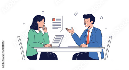 Two professionals discussing important business matters over documents at a table in a bright modern office setting with clean design elements